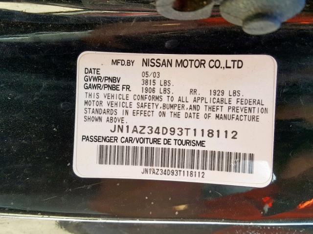 JN1AZ34D93T118112 - 2003 NISSAN 350Z COUPE BLACK photo 10