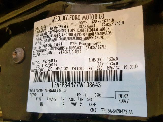 1FAFP34N77W108643 - 2007 FORD FOCUS ZX4 BLACK photo 10