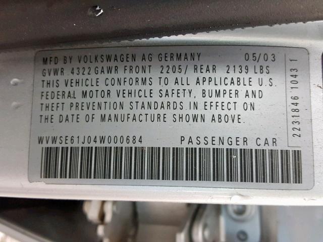 WVWSE61J04W000684 - 2004 VOLKSWAGEN JETTA GLS SILVER photo 10