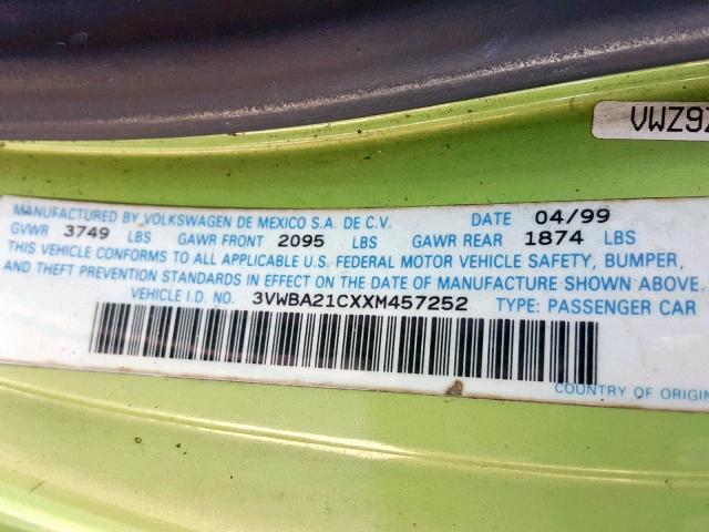 3VWBA21CXXM457252 - 1999 VOLKSWAGEN NEW BEETLE მწვანე ფოტო 10