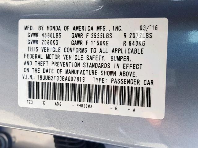 19UUB2F30GA007819 - 2016 ACURA TLX SILVER photo 10