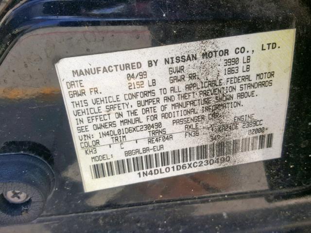 1N4DL01D6XC230490 - 1999 NISSAN ALTIMA XE BLACK photo 10