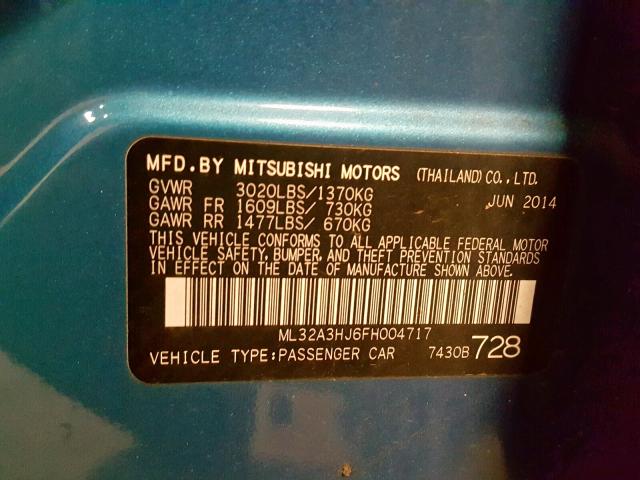 ML32A3HJ6FH004717 - 2015 MITSUBISHI MIRAGE DE BLUE photo 10