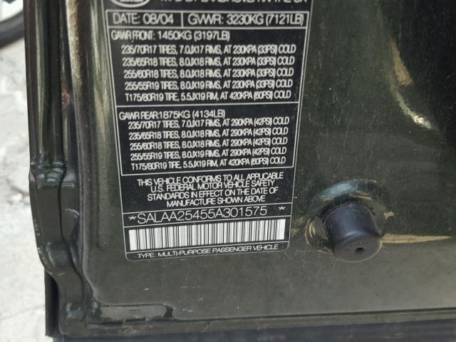 SALAA25455A301575 - 2005 LAND ROVER LR3 GREEN photo 10