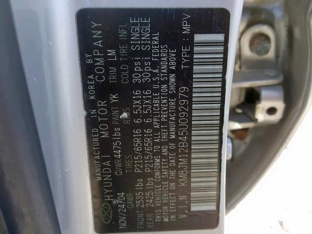 KM8JM12B45U092979 - 2005 HYUNDAI TUCSON GL SILVER photo 10