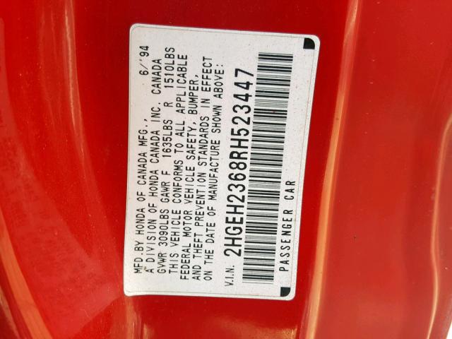 2HGEH2368RH523447 - 1994 HONDA CIVIC DX RED photo 10