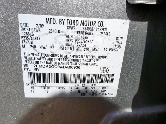 2FMDK3GC0ABA86936 - 2010 FORD EDGE SE SILVER photo 10