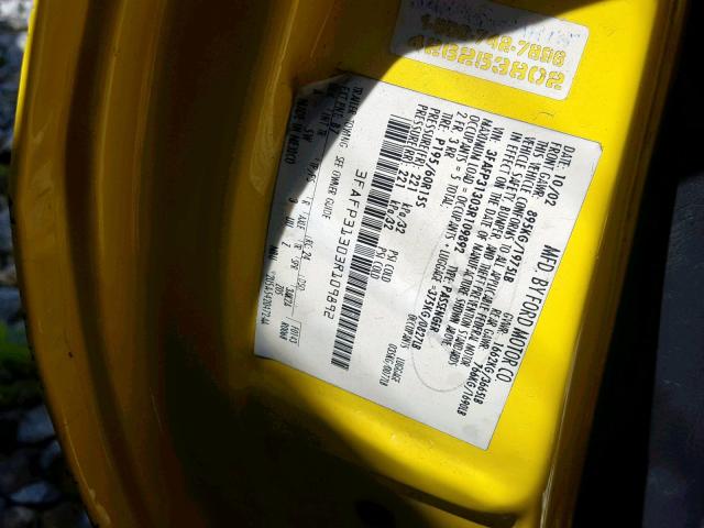 3FAFP31303R109892 - 2003 FORD FOCUS ZX3 YELLOW photo 10