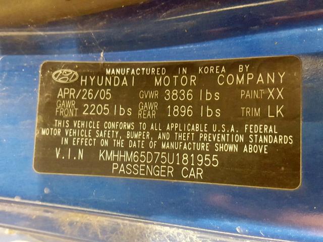 KMHHM65D75U181955 - 2005 HYUNDAI TIBURON BLUE photo 10