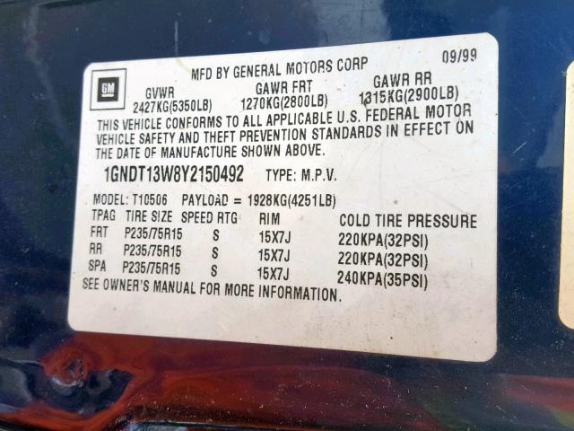 1GNDT13W8Y2150492 - 2000 CHEVROLET BLAZER BLUE photo 10