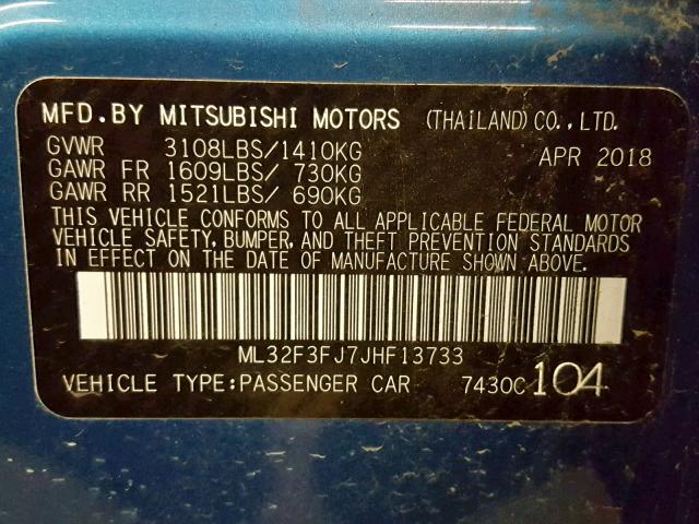 ML32F3FJ7JHF13733 - 2018 MITSUBISHI MIRAGE G4 BLUE photo 10