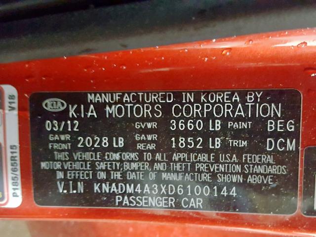 KNADM4A3XD6100144 - 2013 KIA RIO LX RED photo 10