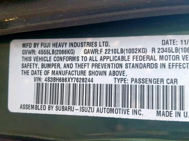 4S3BH686XY7628244 - 2000 SUBARU LEGACY OUT GREEN photo 10