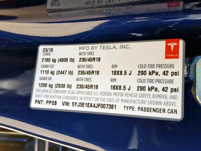 5YJ3E1EA4JF007381 - 2018 TESLA MODEL 3 BLUE photo 10