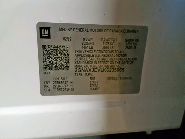 2GNAXJEV1K6235065 - 2019 CHEVROLET EQUINOX LT 白色 照片 10