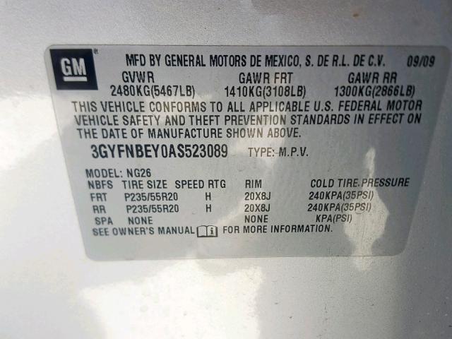 3GYFNBEY0AS523089 - 2010 CADILLAC SRX PERFOR Gümüş foto 10