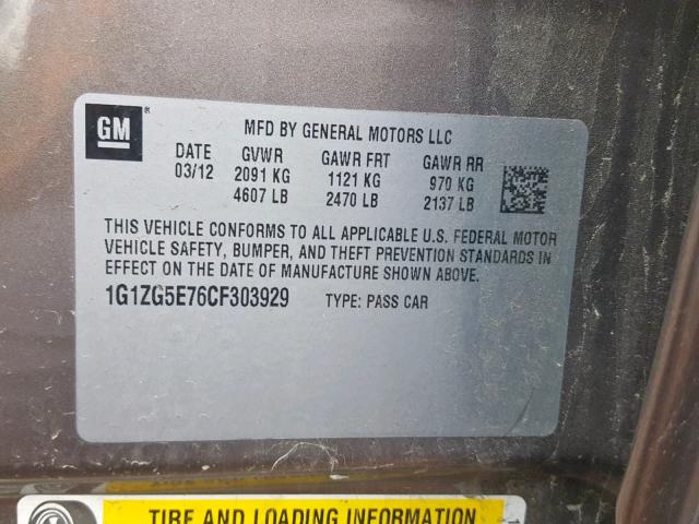 1G1ZG5E76CF303929 - 2012 CHEVROLET MALIBU LTZ თაფლისფერი ფოტო 10