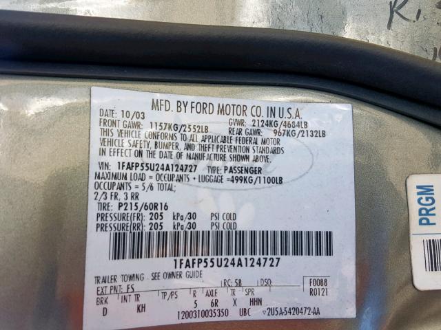 1FAFP55U24A124727 - 2004 FORD TAURUS SES GRAY photo 10