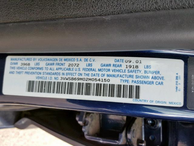 3VWSB69M02M054150 - 2002 VOLKSWAGEN JETTA GLS BLUE photo 10