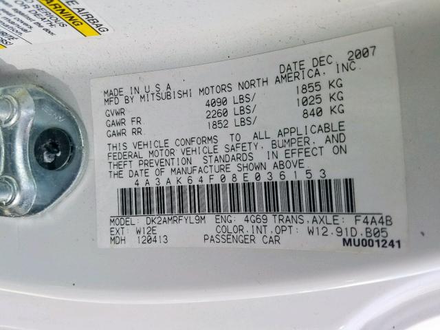 4A3AK64F08E036153 - 2008 MITSUBISHI ECLIPSE SE WHITE photo 10