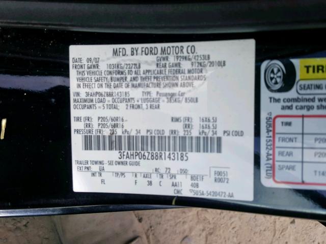 3FAHP06Z88R143185 - 2008 FORD FUSION S BLACK photo 10