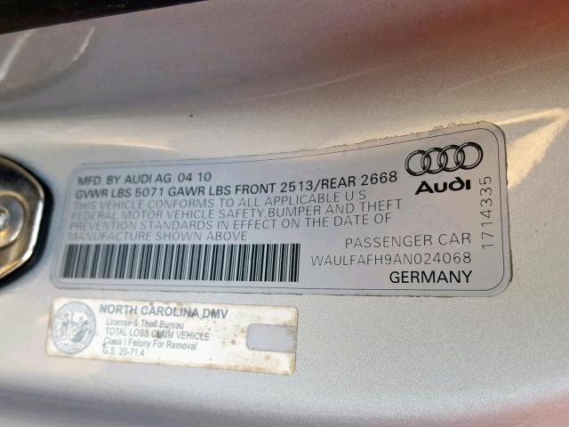 WAULFAFH9AN024068 - 2010 AUDI A5 PREMIUM SILVER photo 10