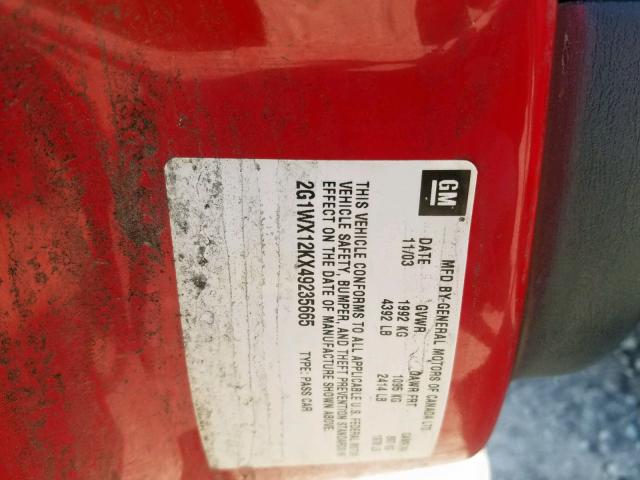 2G1WX12KX49235665 - 2004 CHEVROLET MONTE CARL RED photo 10