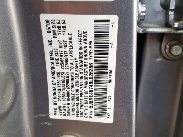 5J6RE48748L026266 - 2008 HONDA CR-V EXL GRAY photo 10