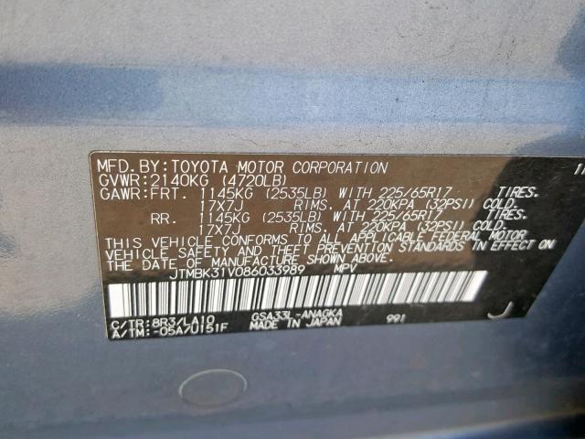 JTMBK31V086033989 - 2008 TOYOTA RAV4 LIMIT BLUE photo 10