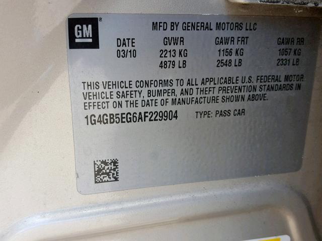 1G4GB5EG6AF229904 - 2010 BUICK LACROSSE C BEIGE photo 10