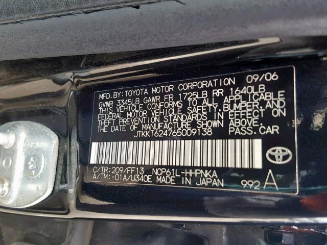 JTKKT624765009138 - 2006 TOYOTA SCION XA BLACK photo 10