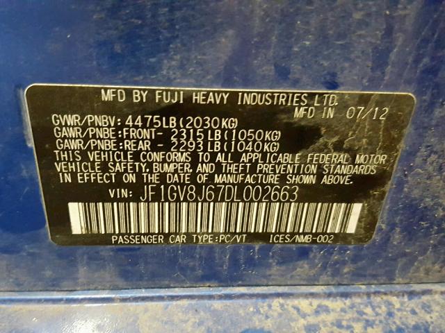 JF1GV8J67DL002663 - 2013 SUBARU IMPREZA WR BLUE photo 10