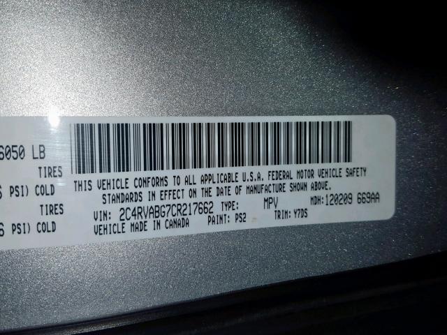 2C4RVABG7CR217662 - 2012 VOLKSWAGEN ROUTAN SE SILVER photo 10