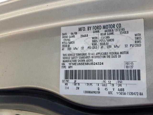 1FMEU65E68UB24324 - 2008 FORD EXPLORER L SILVER photo 10