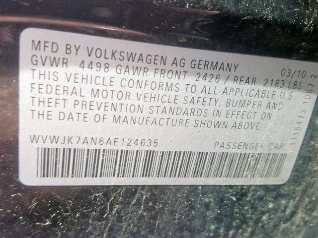 WVWJK7AN6AE124635 - 2010 VOLKSWAGEN PASSAT KOM BLACK photo 10