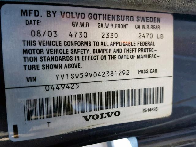 YV1SW59V042381792 - 2004 VOLVO V70 FWD CHARCOAL photo 10