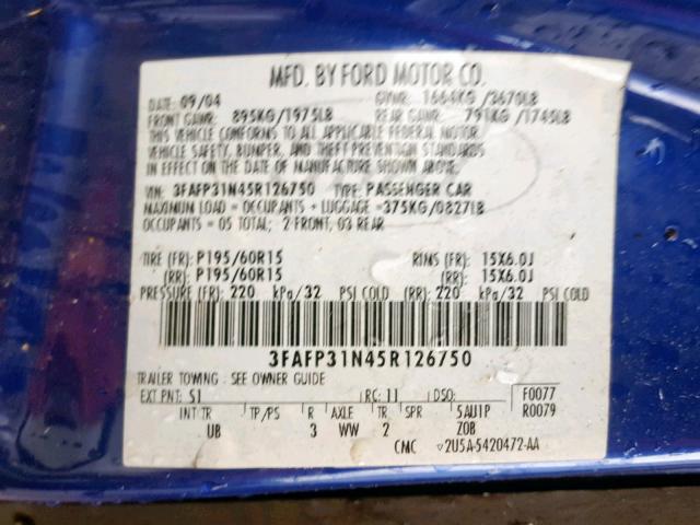 3FAFP31N45R126750 - 2005 FORD FOCUS ZX3 BLUE photo 10