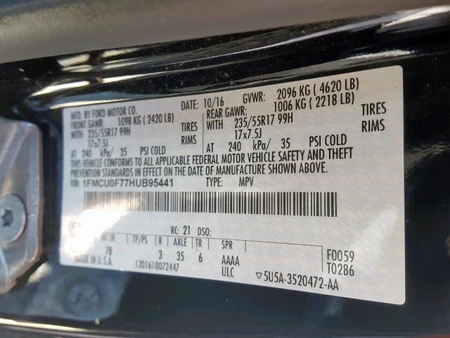 1FMCU0F77HUB95441 - 2017 FORD ESCAPE S BLACK photo 10