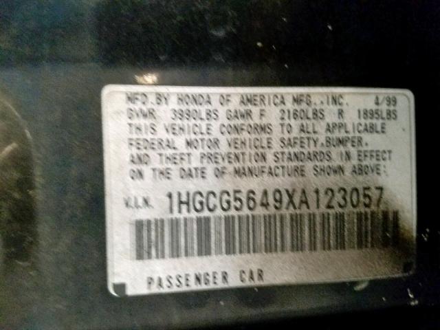 1HGCG5649XA123057 - 1999 HONDA ACCORD LX BLACK photo 10