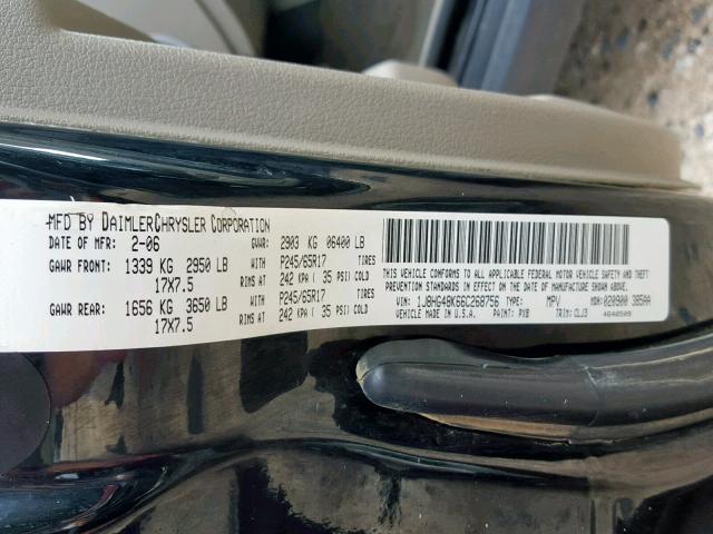 1J8HG48K66C268756 - 2006 JEEP COMMANDER BLACK photo 10