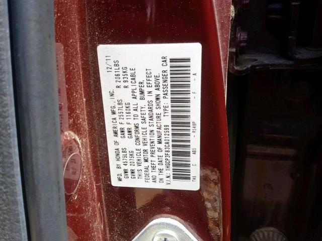 1HGCP3F83CA012599 - 2012 HONDA ACCORD EXL RED photo 10