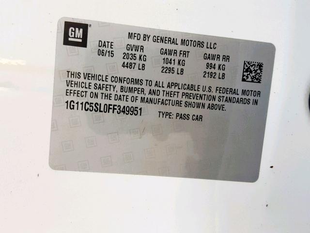 1G11C5SL0FF349951 - 2015 CHEVROLET MALIBU 1LT 白色 照片 10