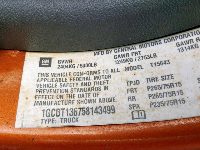 1GCDT136758143499 - 2005 CHEVROLET COLORADO ORANGE photo 10