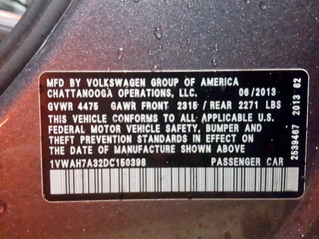 1VWAH7A32DC150398 - 2013 VOLKSWAGEN PASSAT S GRAY photo 10