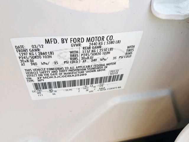 2FMDK3JC0DBA25289 - 2013 FORD EDGE SEL WHITE photo 10