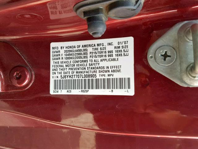 5J6YH27707L008905 - 2007 HONDA ELEMENT EX BURGUNDY photo 10