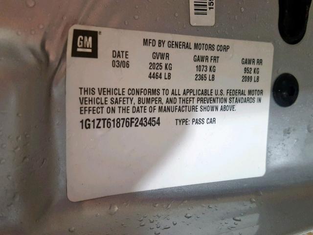 1G1ZT61876F243454 - 2006 CHEVROLET MALIBU MAX 银色 照片 10