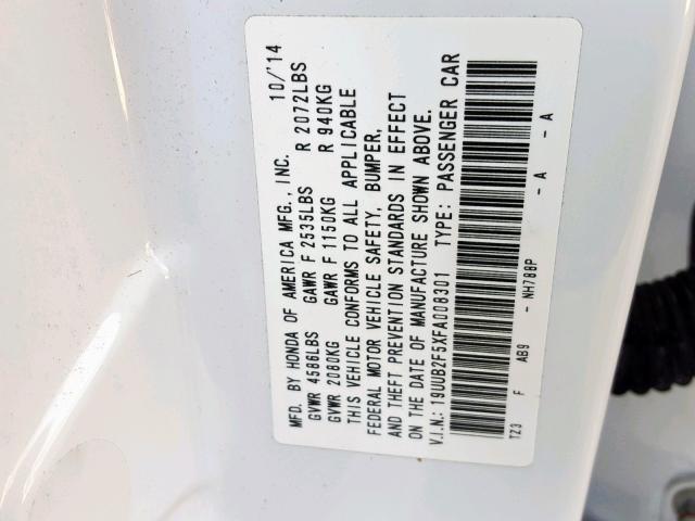 19UUB2F5XFA008301 - 2015 ACURA TLX TECH WHITE photo 10