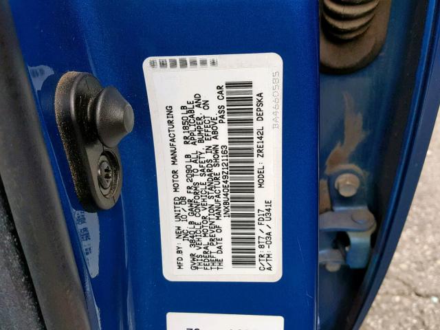 1NXBU40E49Z121163 - 2009 TOYOTA COROLLA BA BLUE photo 10