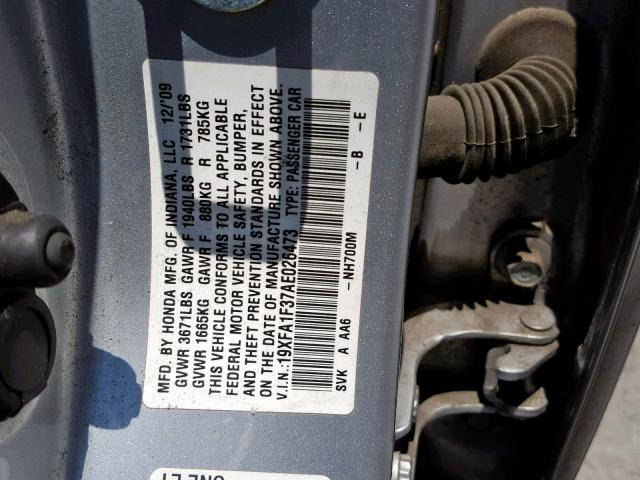 19XFA1F37AE026473 - 2010 HONDA CIVIC VP SILVER photo 10